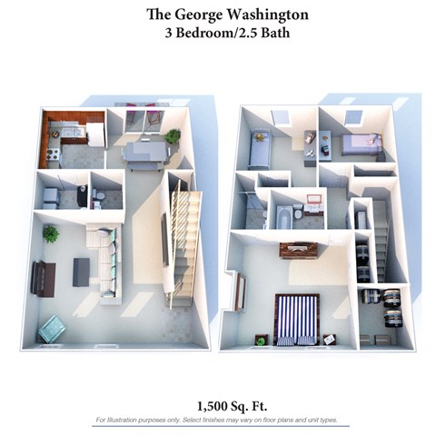 Floor plan for 3 beds, 2.5 baths, 1500 sqft